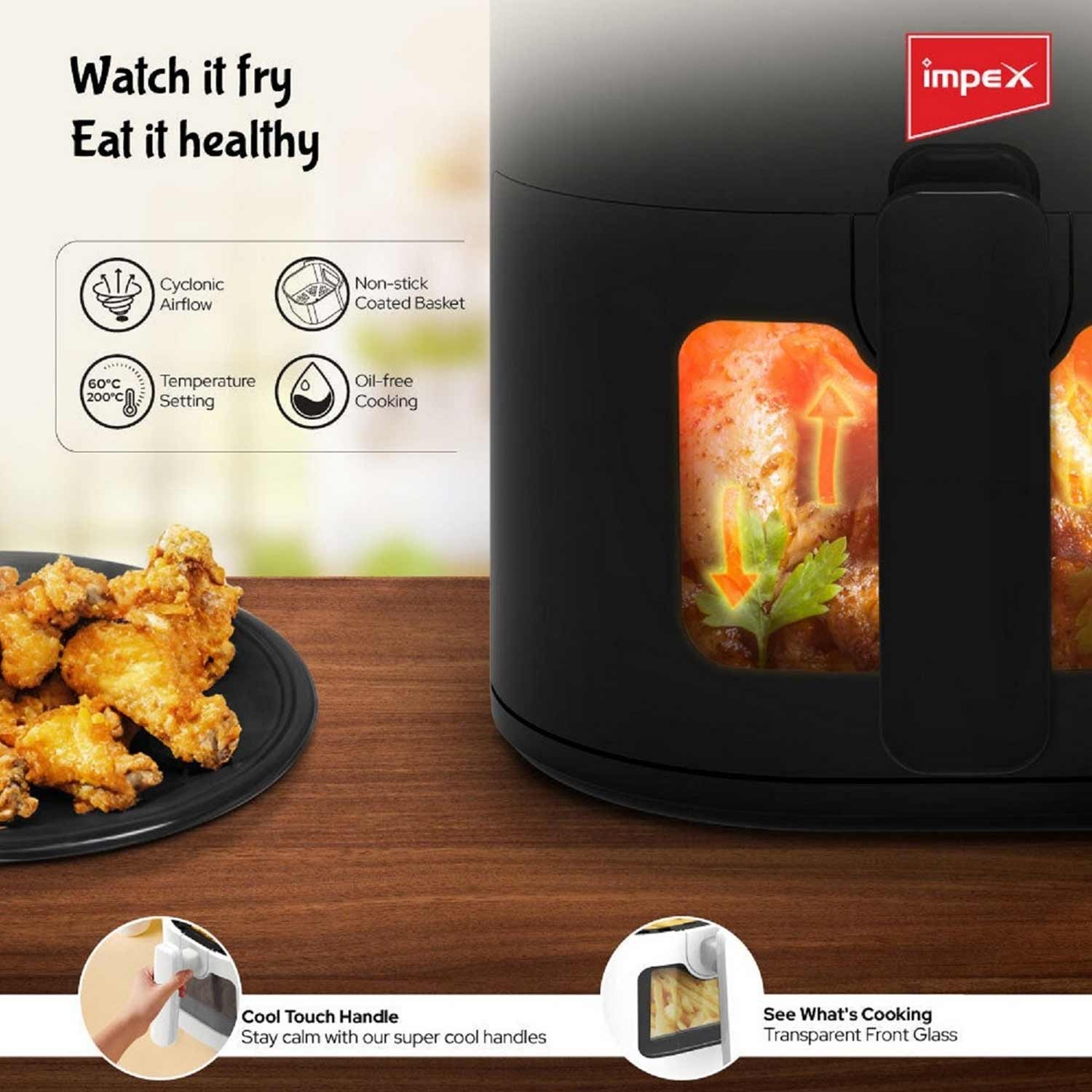 Impex Digital Air Fryer 4.5 L Smart Fry DS45, Transparent Window 1200 W, 80% Less Oil, Instant Electric Air Fryer, Auto Cut Off, Fry, Grill, Roast, Steam, and Bake 2 Years Warranty