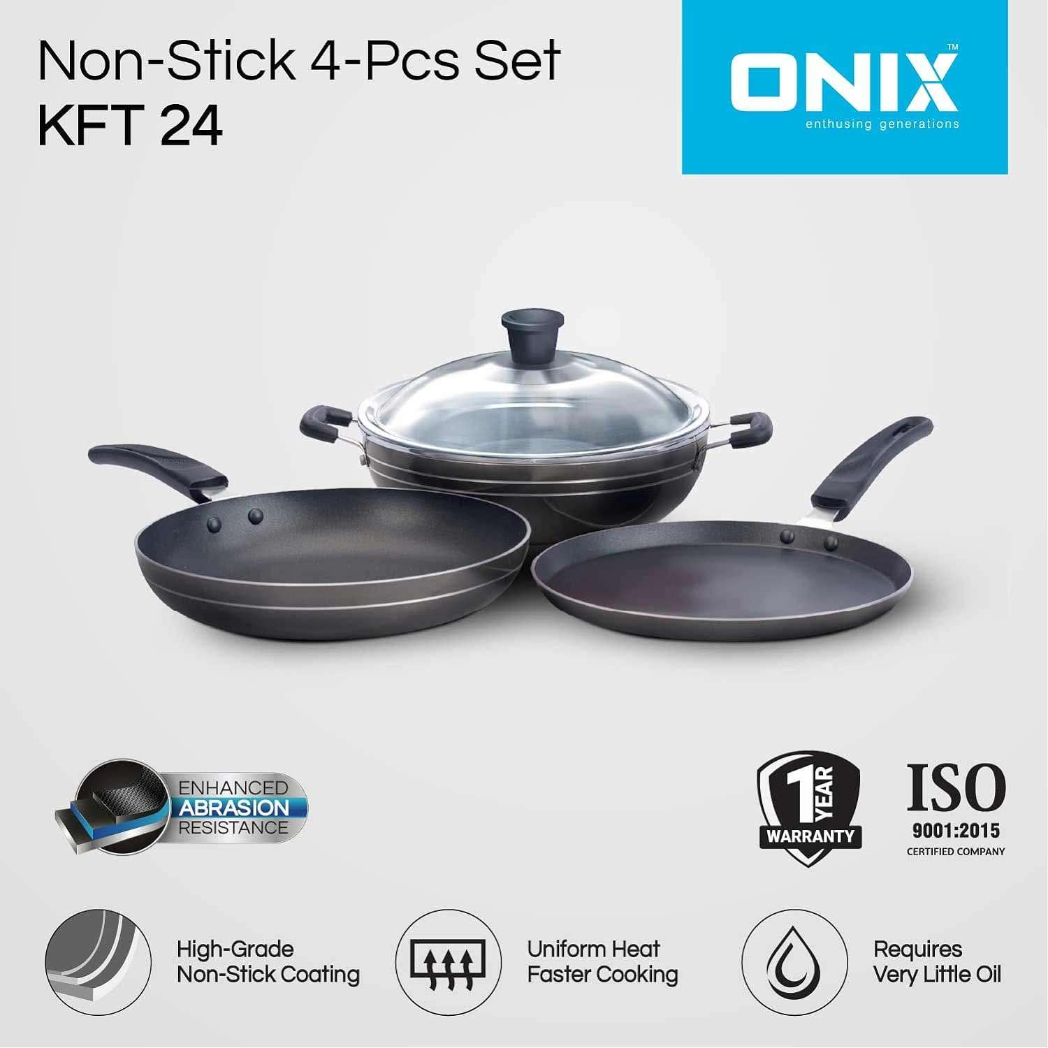 ONIX enthusing generationsIS KTF 444 Nonstick Aluminium Induction Base Cookware Set, Kadai Pan, Tawa Pan, Fry Pan (Black)