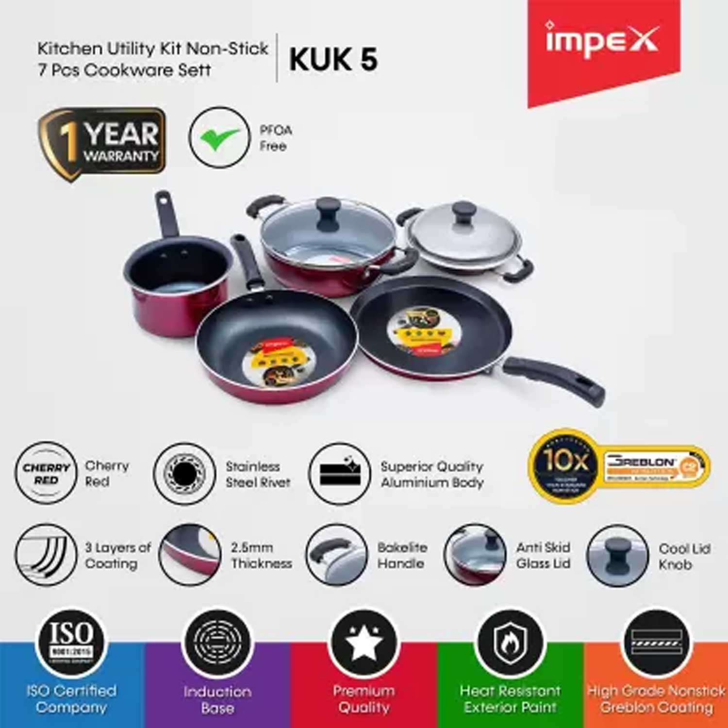 IMPEX (KUK 5) 7 pcs Induction Bottom Non-Stick Coated Cookware Set  (Aluminium, 7 - Piece)